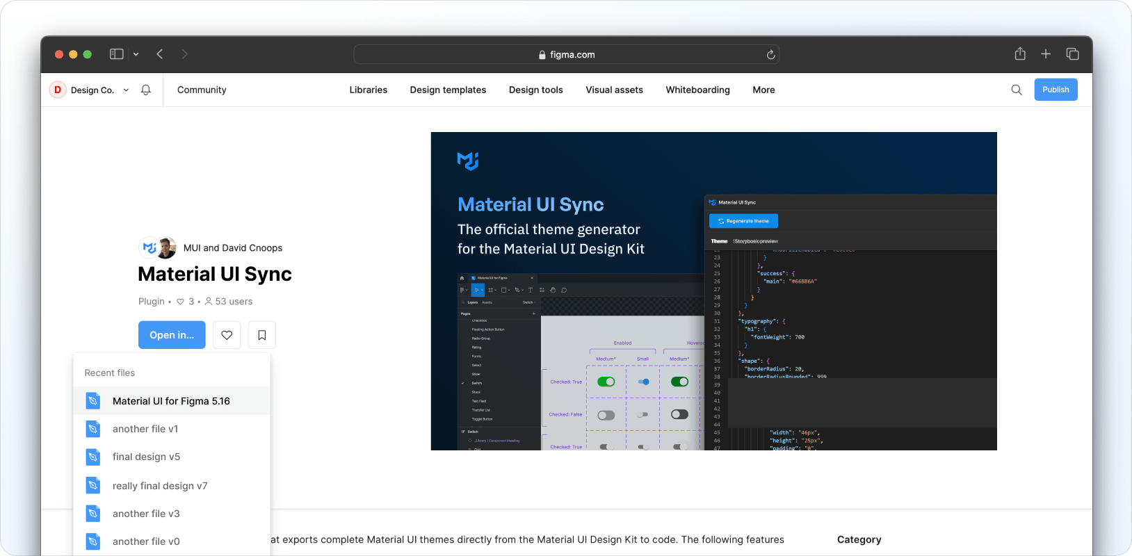 Accessing MaterialĀ UI Sync via the Resources menu in Figma.
